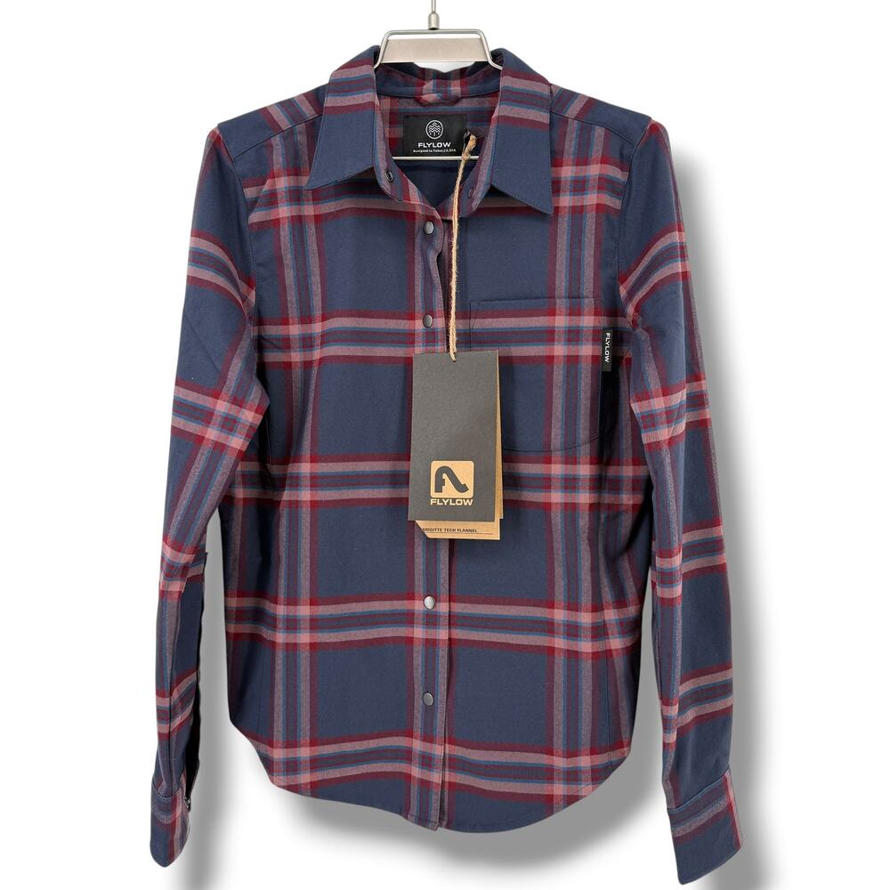 Flylow Brigitte Tech Flannel Shirt Womens Sz Small Plaid Snap Front Back Blue